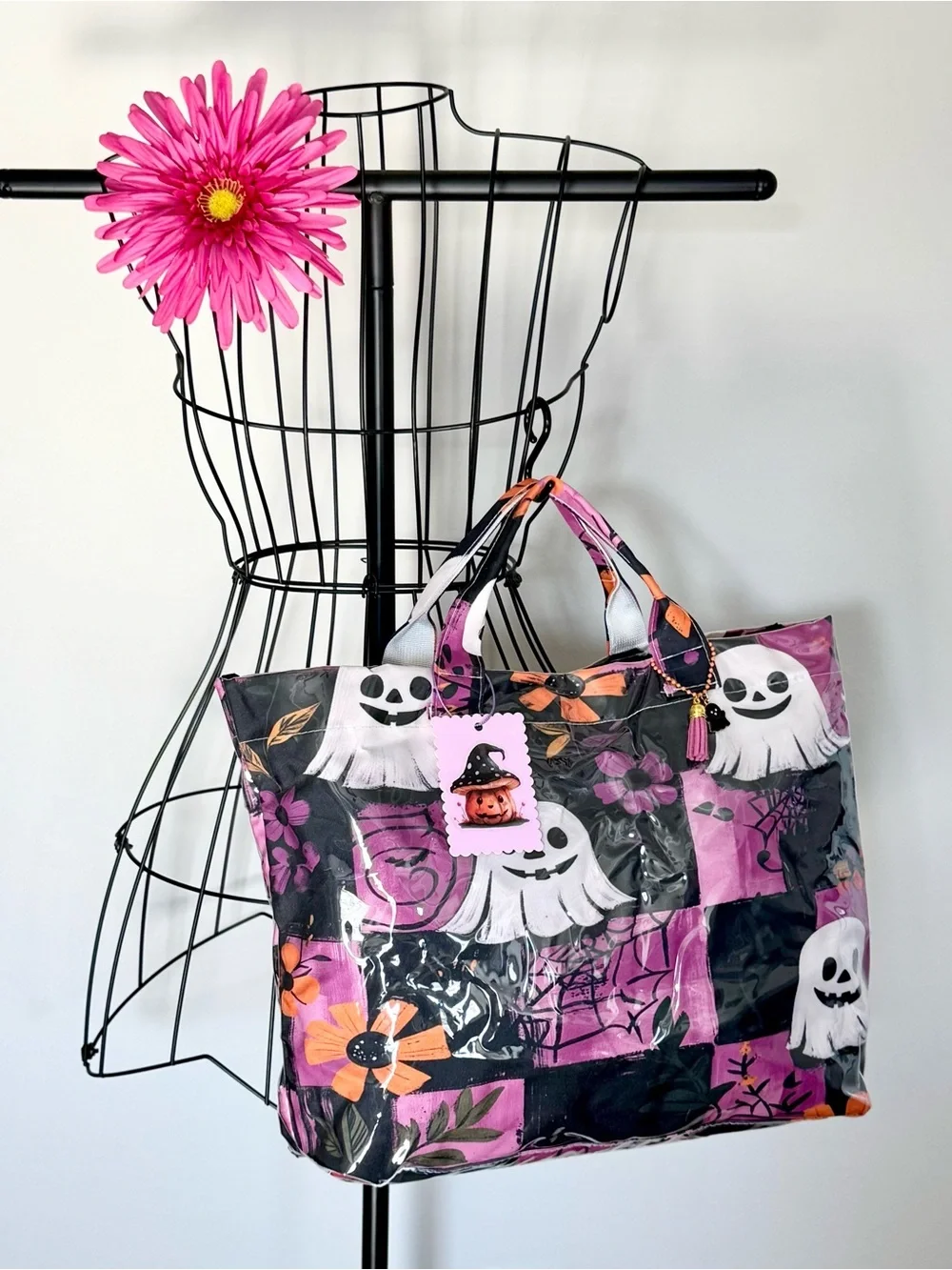 New Halloween Ghost Purple & Black Checkered PVC Handbag Purse Tote Bag 17.5x12”